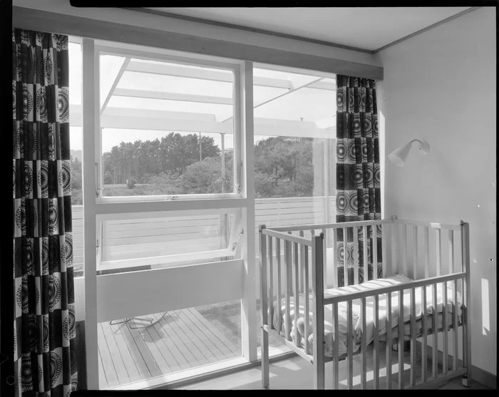 Bedroom with cot, house of Dr Harvey, 14 Churchill Drive, Wellington