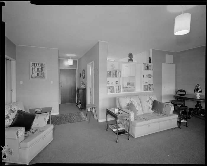 Living room in Herbert Gardens Flats, The Terrace, Wellington