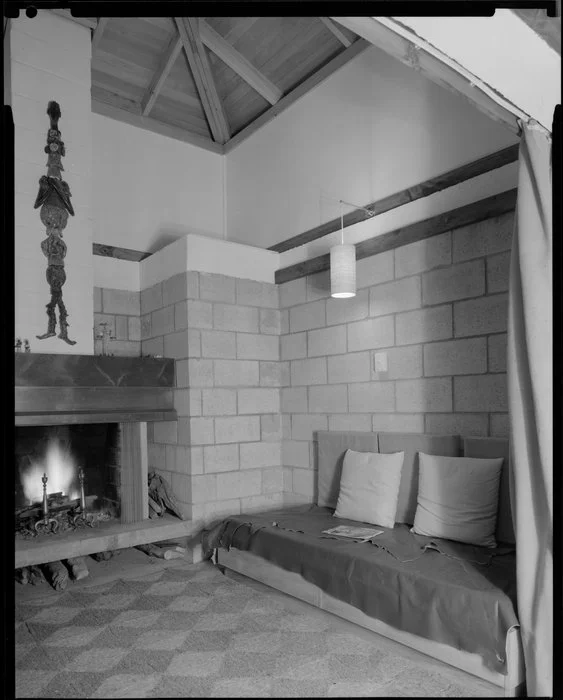 Lounge with open fire, Jim Beard's house, Waikanae, Kapiti Coast