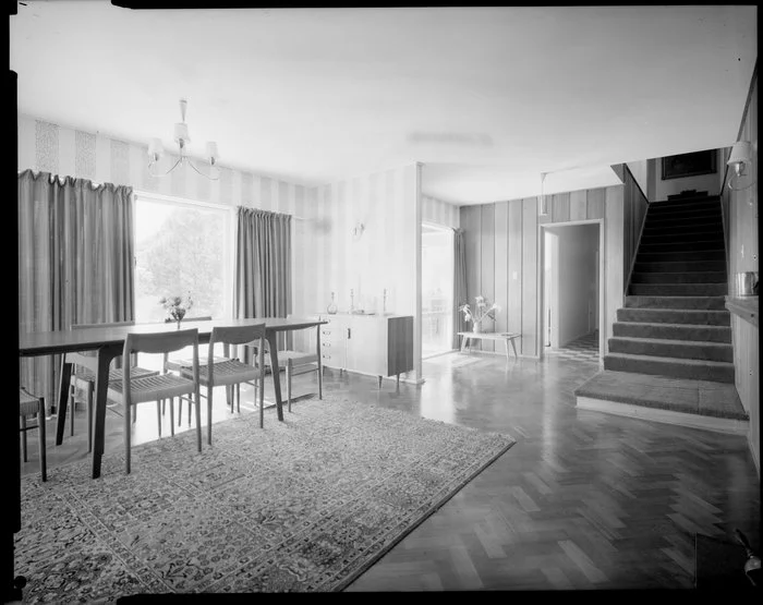 Dining room [of Jim Dawson house in Mahina Bay, Eastbourne, Lower Hutt?]
