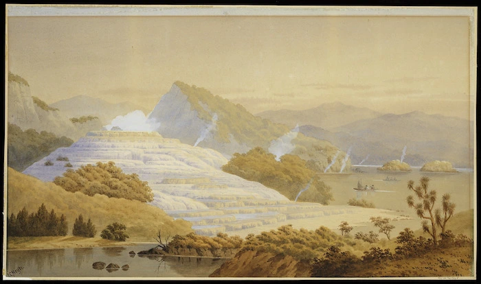 Hoyte, John Barr Clark, 1835-1913 :The White Terrace, New Zealand, destroyed 1886. [1860s?]