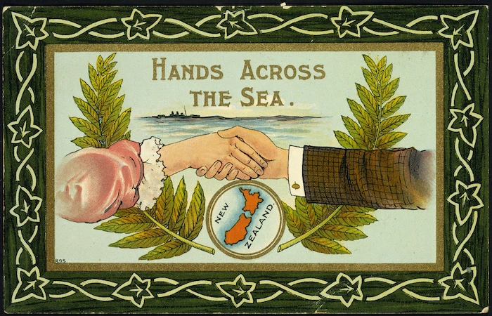 [Postcard]. Hands across the sea. New Zealand. 895. Postcard "National" series, made in Gt Britain. [ca 1910].