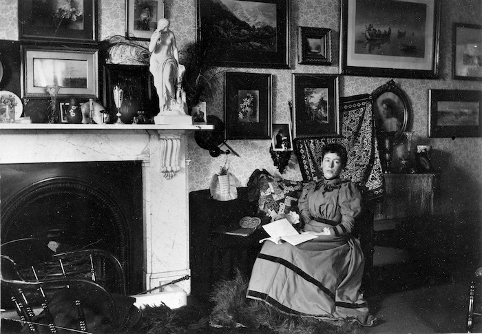 Frances Hodgkins in the drawing room of 'Cranmore Lodge'