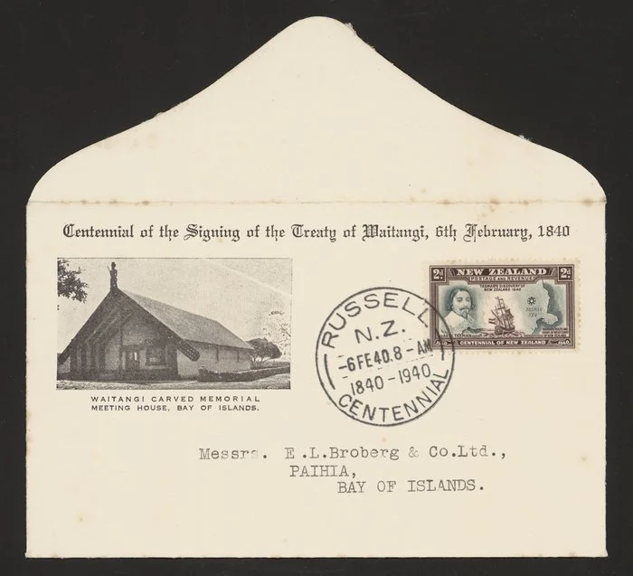 [New Zealand Post Office] :Centennial of the Signing of the Treaty of Waitangi, 6th February, 1840. Waitangi carved memorial meeting house, Bay of Islands [First day cover. 1940]