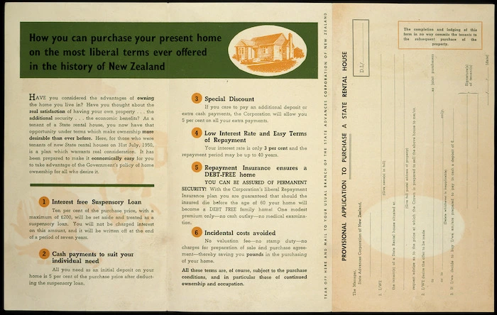 State Advances Corporation of New Zealand :How you can purchase your present home on the most liberal terms ever offered in the history of New Zealand. [inside brochure. ca 1951].