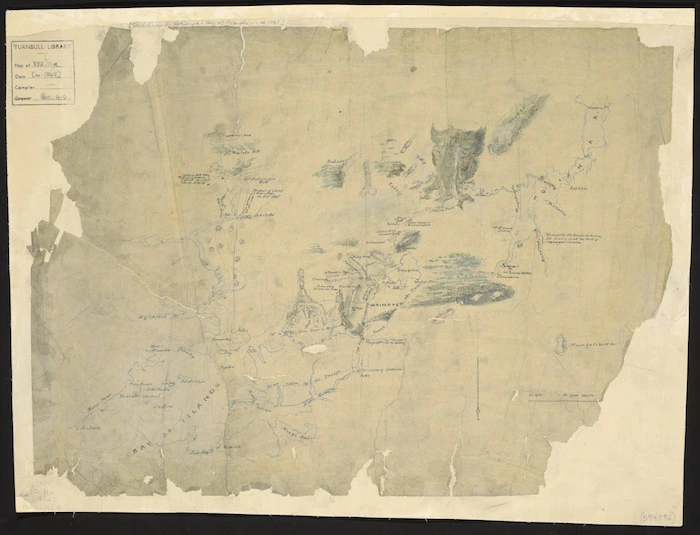 [Creator unknown] :[Sketch map of Hokianga and Bay of Islands showing Maori & Pakeha settlements, military camps and routes] [ms map]. [ca. 1845]