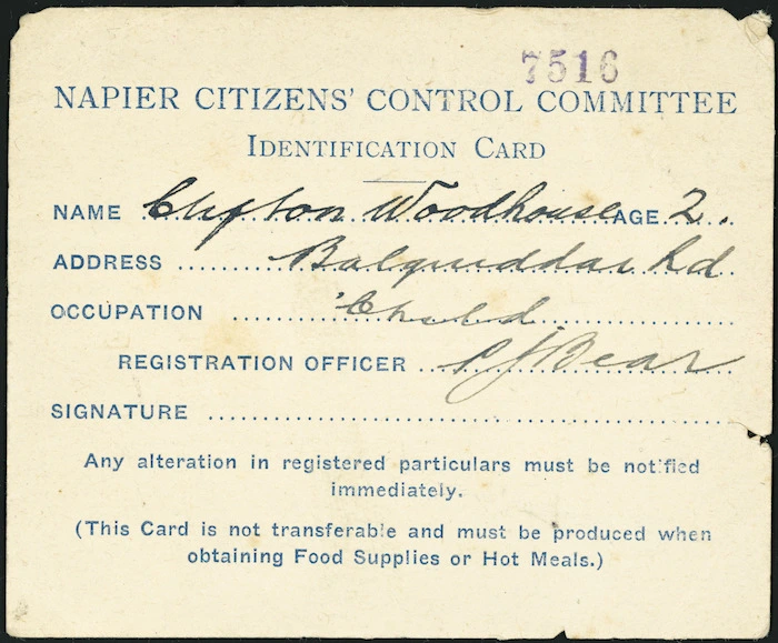 Napier Citizens' Control Committee :Identification card [no]. 7516. [1931]