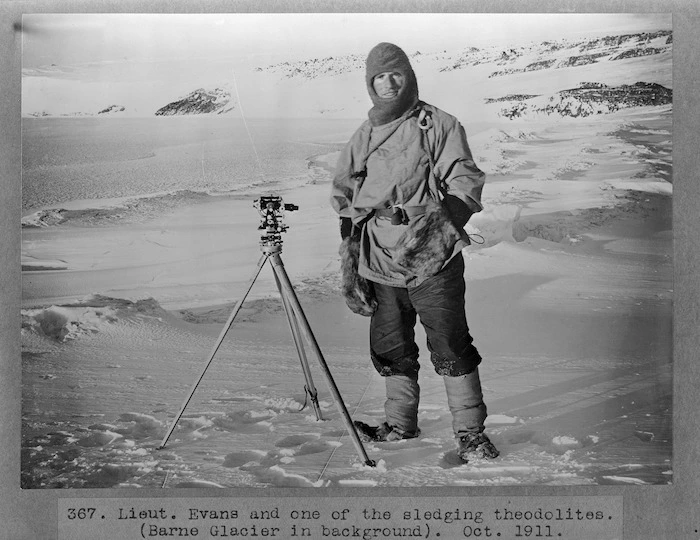 Edward Evans with a sledging theodolite, Antarctica