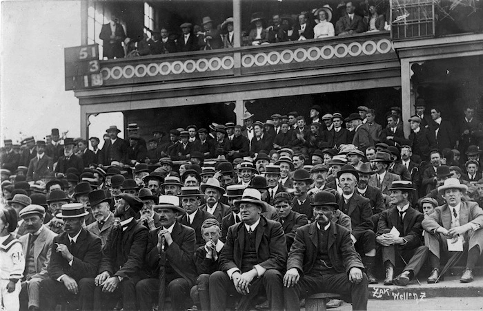 Spectators in the pavilion, Basin Reserve, Wellington - Photograph taken by Joseph Zachariah