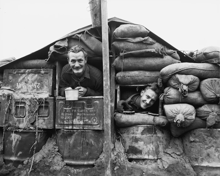 Gunners of 16th NZ Field Regiment in their dug-in hut, Korea - Photograph taken by Ian Mackley