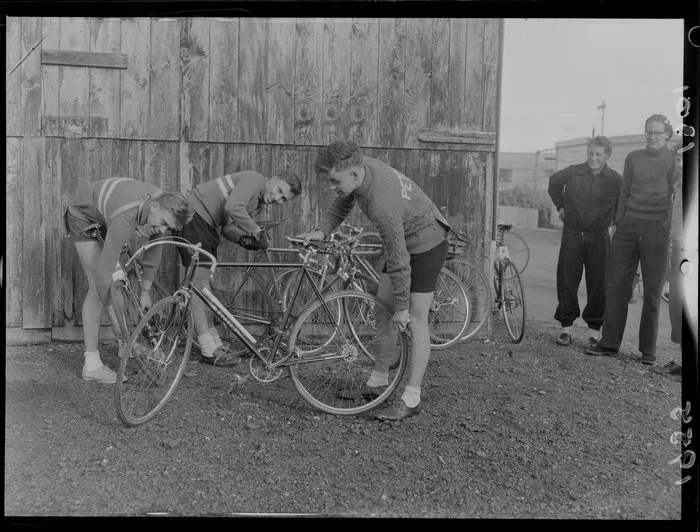 Three members of Petone Cycling Club with their bicycles
