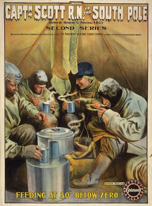 Gaumont Co. Ltd (London) :With Captain Scott, R.N. to the South Pole (British Antarctic Expedition) filmed by Herbert G. Ponting, F.R.G.S. Second series. Authentic pictures exhibited by arrangement with the Gaumont Co. Ltd. London, holders of exclusive cinematograph rights. "Feeding at 30 [degrees] below zero". [1912].