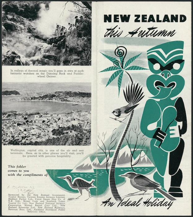 [Haythorn-Thwaite Ltd] :New Zealand this autumn; an ideal holiday. [Front cover design. 1952]