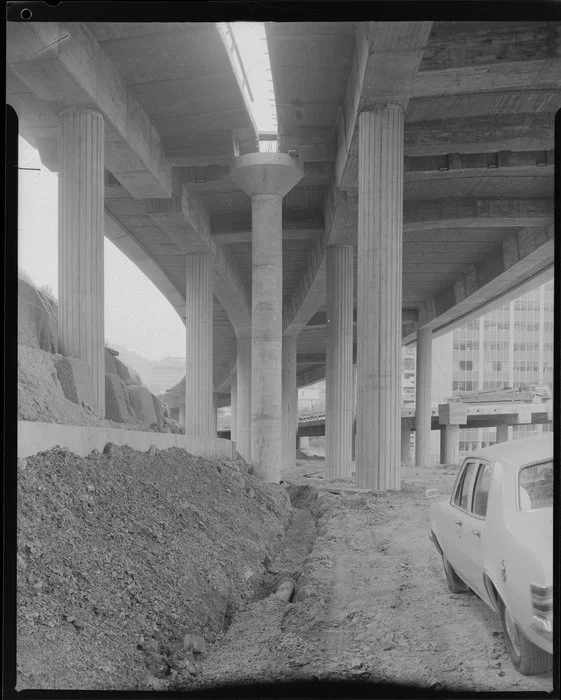 Hume Industries; concrete pylons holding up overpass