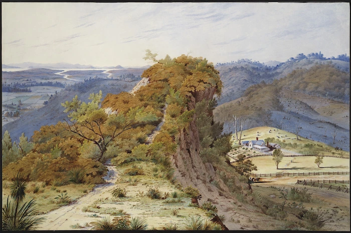 Sharpe, Alfred, 1836?-1908 :View of the rock of Maketū, near Drury, NZ. 1880.