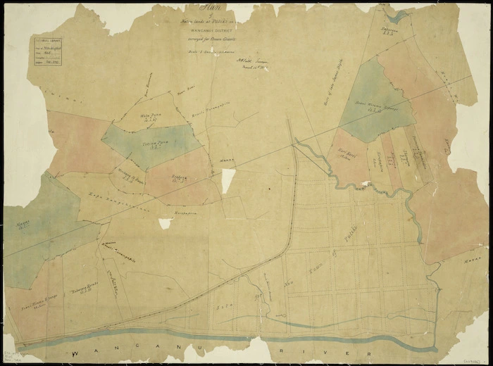 Field, Henry Claylands, 1825-1912 :Plan of native lands at Putiki in the Wanganui district [ms map] / surveyed for Crown Grants; H.C. Field, surveyor, March 16th, 1865.