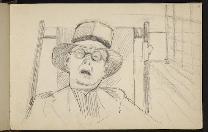 Hill Mabel, 1872-1956 :[Sleeping man in deck chair. 1927?].