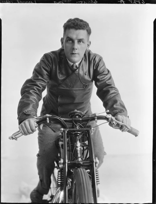 Speedway rider Gus Clifton on AJS motorcycle