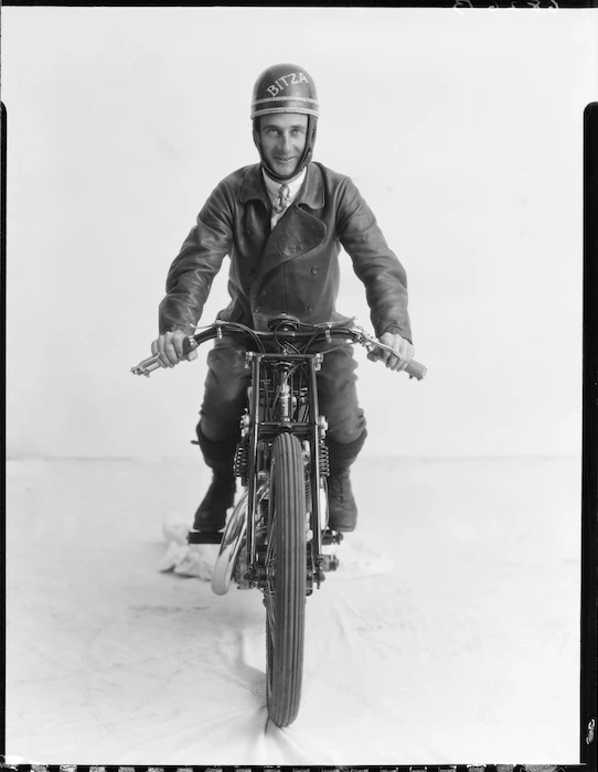 Speedway rider Jack Arnott on AJS motorcycle