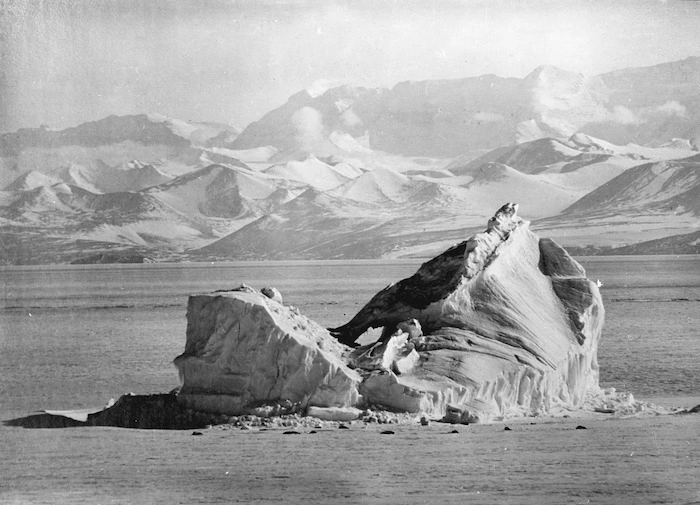 Church Berg, seals and Western Mountains from Vane Hill, Antarctica