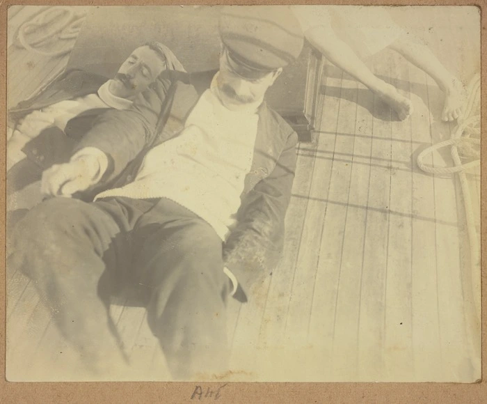 Alexander Horsburgh Turnbull and unknown man on the deck of his yacht