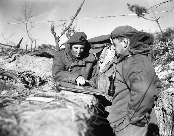 [Brigadier R S Park, Major R McK Paterson and Lieutenant-Colonel J W Moodie at a forward observation post, Korea]