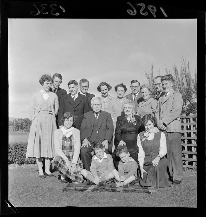 Golden wedding portrait of Mr & Mrs Walter Nash, surrounded by their family
