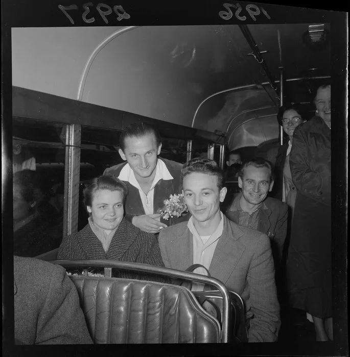 Hungarian refugees in a bus, Wellington