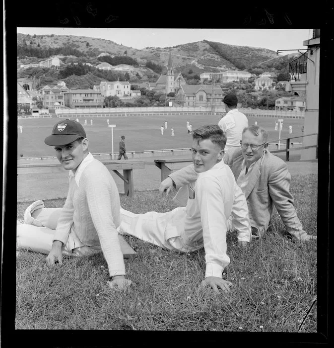 Unidentified cricket team members, Basin Reserve, Wellington
