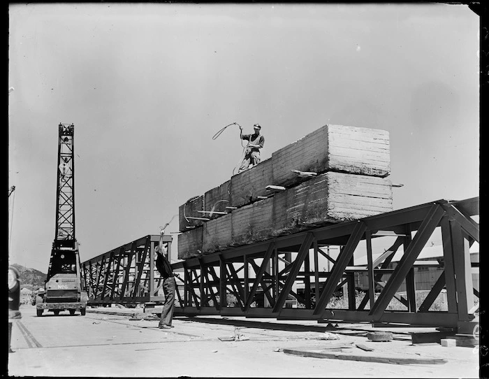 Crane and girders on wharf, Wellington