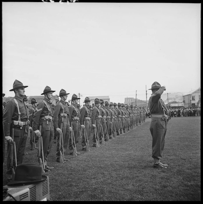 Soldiers on parade at the Basin Reserve, Wellington, to celebrate VE Day