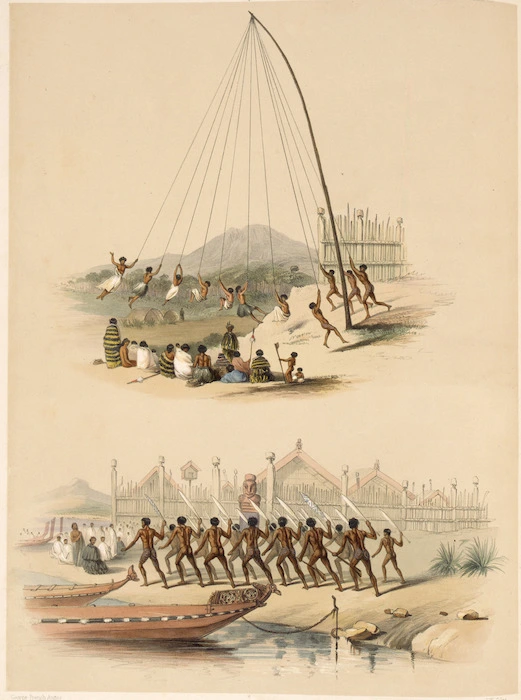 [Angas, George French], 1822-1886 :Native swing. War dance before the Pah of Oinemutu, near Rotorua Lake. / George French Angas. J W Giles lithog. 1847.