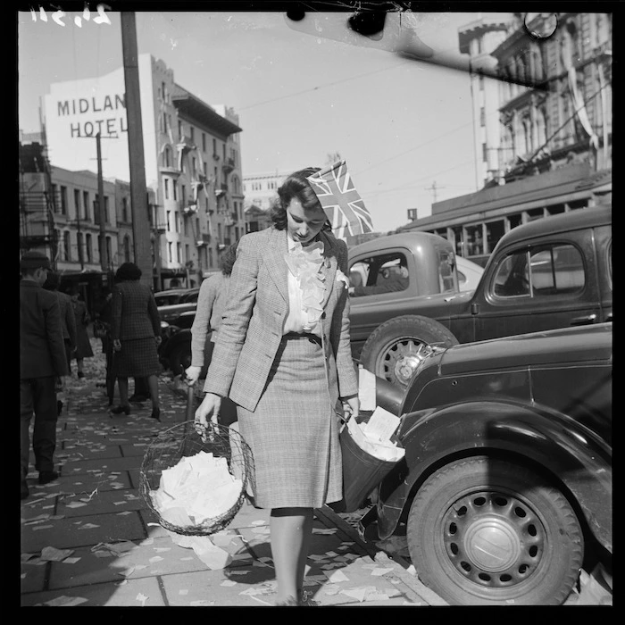 Woman on Lambton Quay, Wellington, the day before VE Day