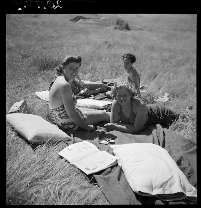 Women's Army Auxiliary Corps members sunbathing while off duty, Godley Head, Lyttelton, Christchurch