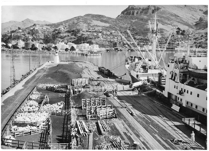 Creator unknown : Photograph of a wharf at Lyttelton, Christchurch, with sheep to be loaded on to the ship Thala Dan