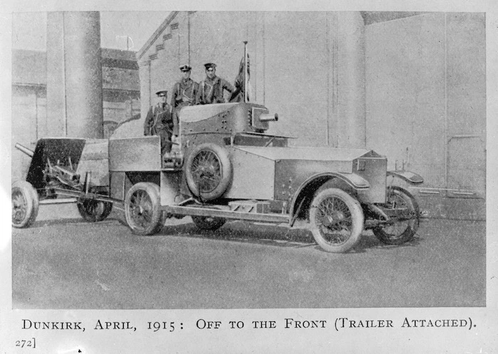 World War I soldiers, including Anthony Wilding, in an armoured Rolls Royce car, Dunkirk, France