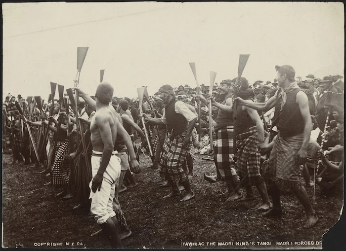 King Tawhiao's soldiers performing at his tangi - Photograph taken by Enos Pegler