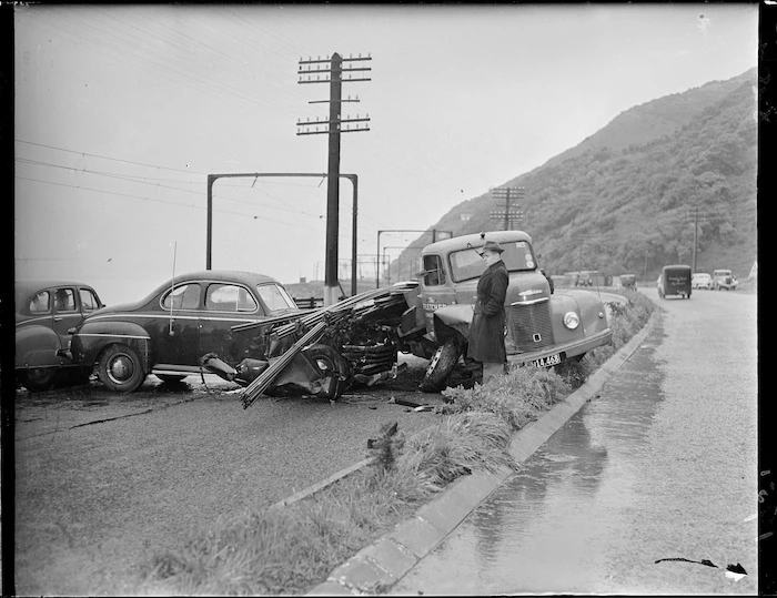 Accident between traffic officer and truck, Hutt Road, Wellington