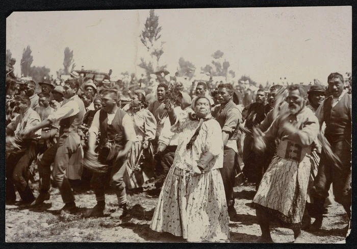 Ngati Kahungunu perform haka powhiri at the wedding of Maud Donnelly and Mr F Churchill Perry
