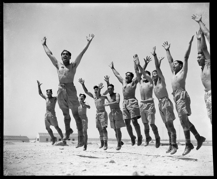 Members of the Maori Battalion performing a haka, Maadi, Egypt