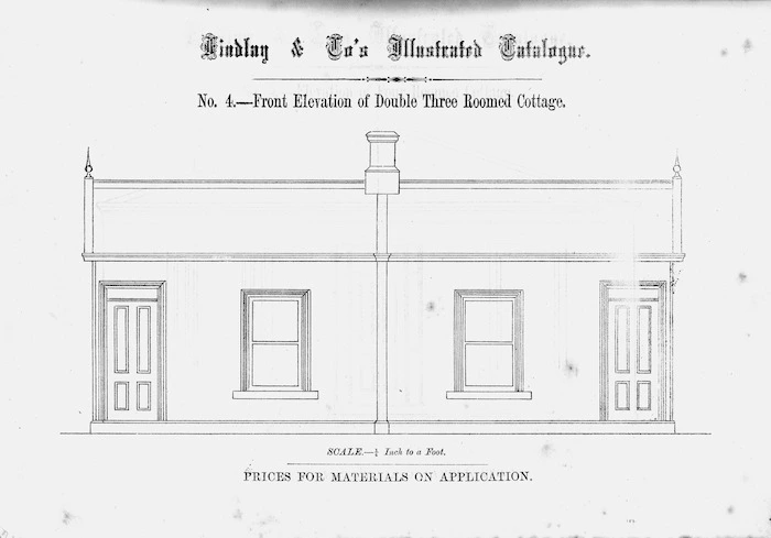 Findlay & Co. :Findlay and Co's illustrated catalogue. No. 4. Front elevation of double three roomed cottage. Scale 1/4 inch to a foot. Prices for material on application. [1874]