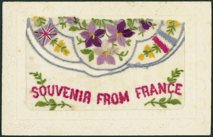 [Postcard]. Souvenir from France. Fabrication francaise. To my dear brother Charles, from Jack. France, 6.15.1917. [Embroidered postcard]