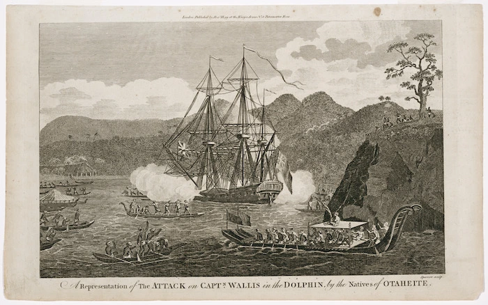 Rooker, Michael Angelo, 1743-1801 :A representation of the attack on Captn. Wallis in the Dolphin, by the natives of Otaheite / Sparrow sculp. - London ; A Hogg [1784?]