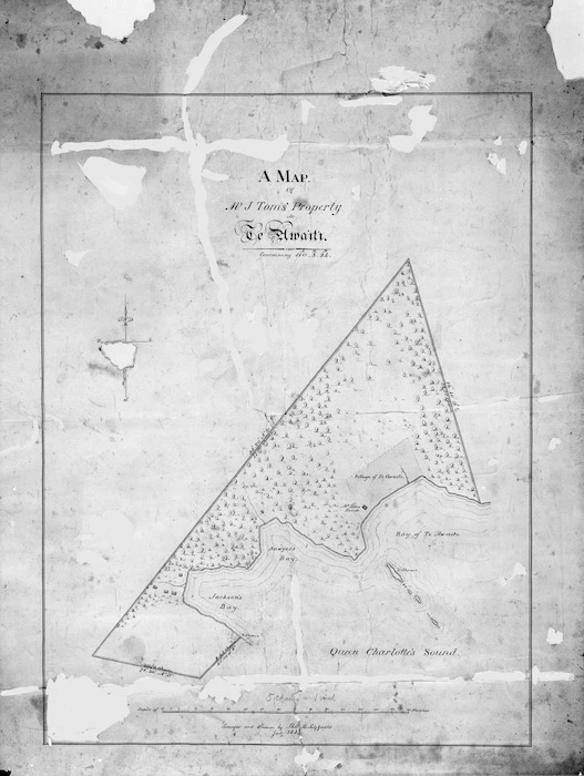 Map of Mr J Tom's property at Te Awaiti, surveyed and drawn by Thomas Henry Fitzgerald