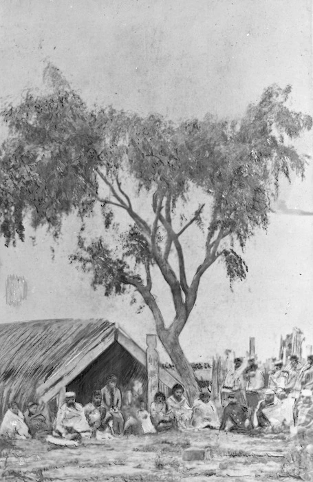 Creator unknown: Photograph of a group around the tree from which Reverend Carl Volkner was hanged, at Opotiki, Bay of Plenty