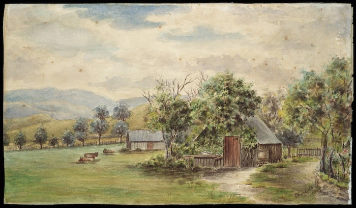 Youmans, Charlotte Beatrice b 1869 :[Farmyard scene, Hutt Valley?] 1901.
