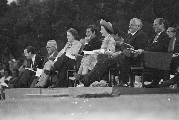 Queen Elizabeth, Prince Charles, the Duke of Edinburgh, and Prime minister Norman Kirk at Waitangi