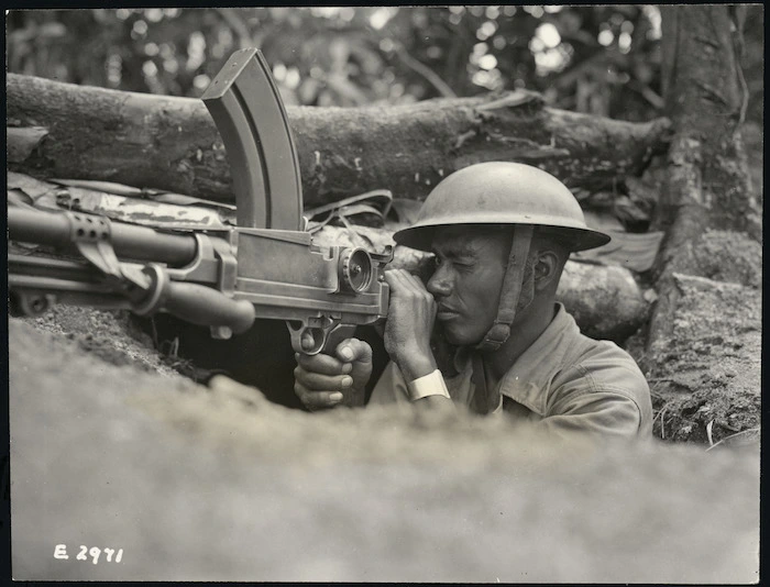 Fijian Bren gunner with the New Zealand Expeditionary Force in the Pacific, during World War II, Bouganville, Papua New Guinea