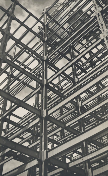 Steel girders creating the frame of the Departmental Building, Stout Street, Wellington - Photograph taken by J D Pascoe