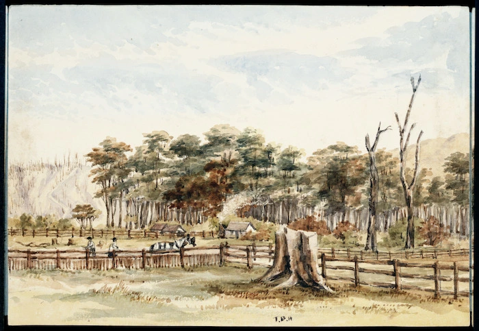 Hutton, Thomas Biddulph, 1824-1886 :[Ploughing a field in the Hutt Valley. 1861]
